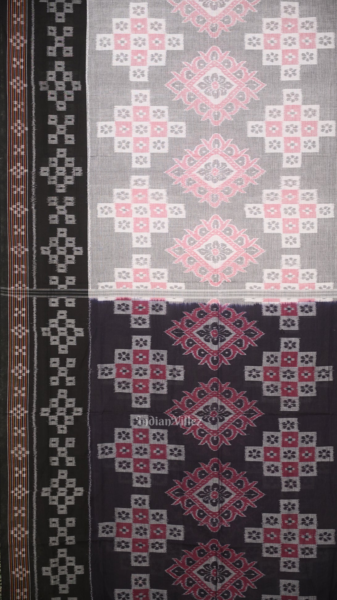 Gray Black Body Pasapali Odisha Ikat Sambalpuri Cotton Saree 