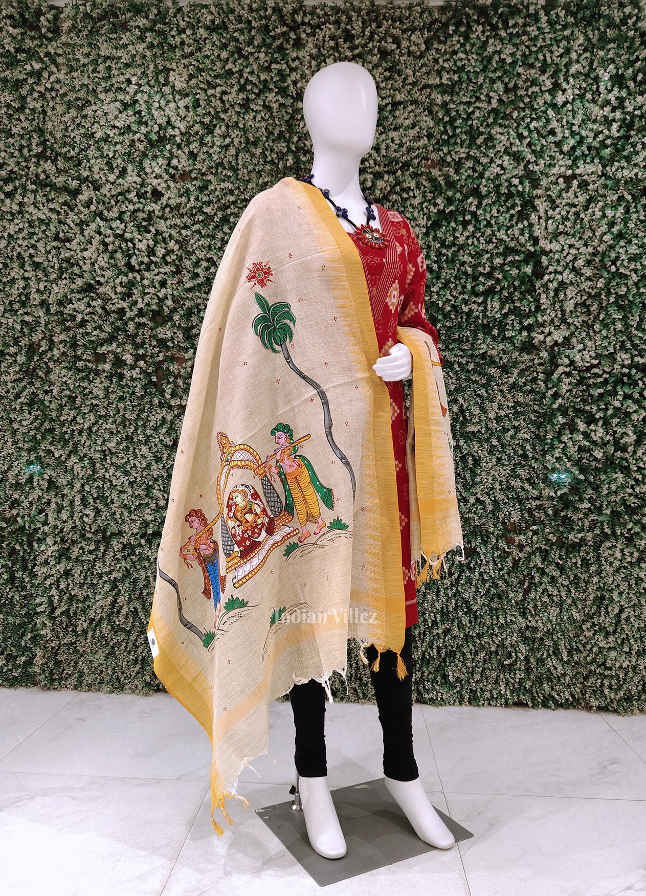 Cream Yellow Doli Barat Hand-Painted Tussar Pattachitra Dupatta