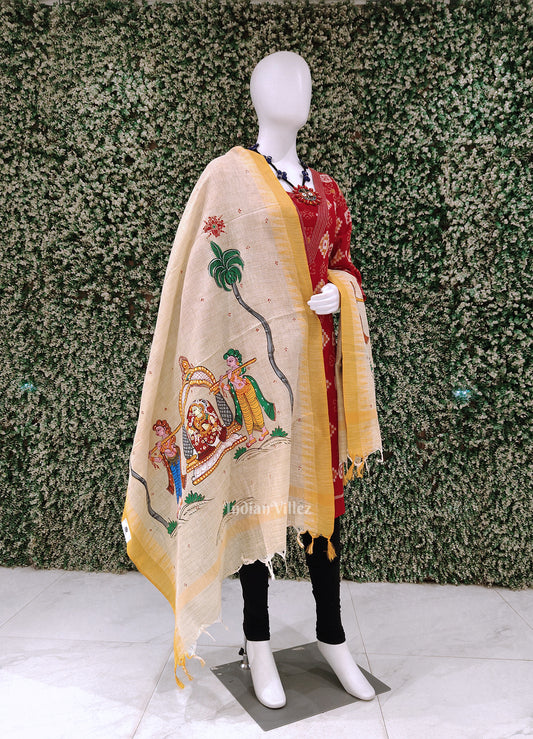 Cream Yellow Doli Barat Hand-Painted Tussar Pattachitra Dupatta