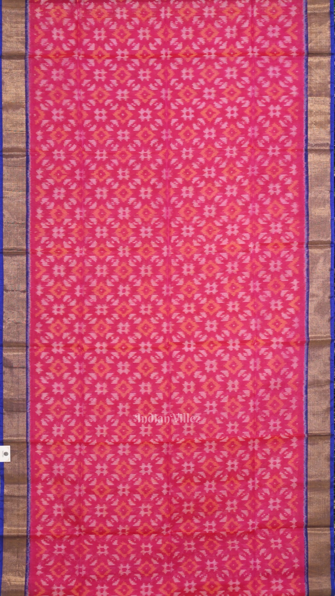 Rani Pink with Blue Pochampally Ikat  Sico (Silk & Cotton)  Saree with Zari Border