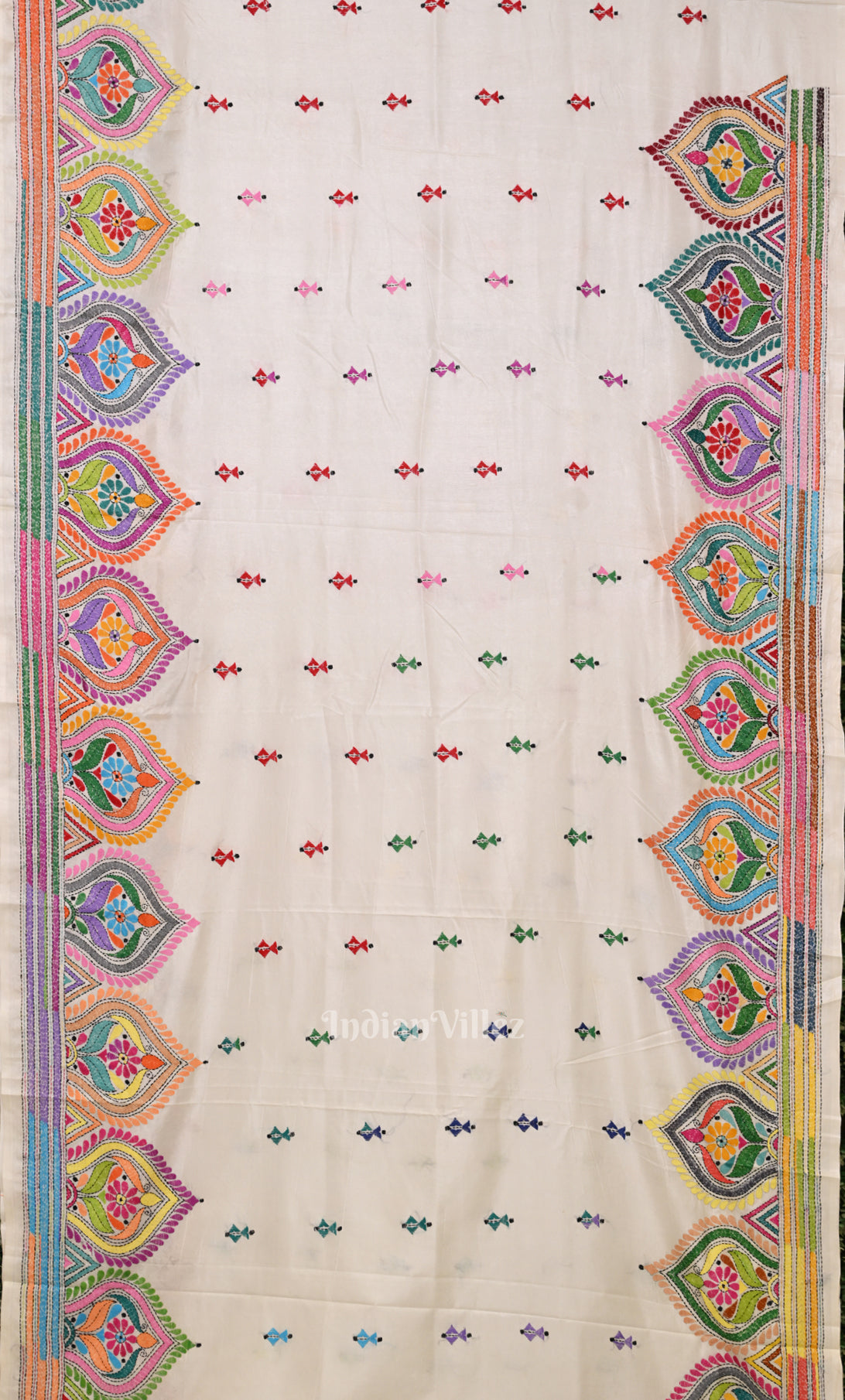 White Handwoven Kantha Stitch Silk Saree