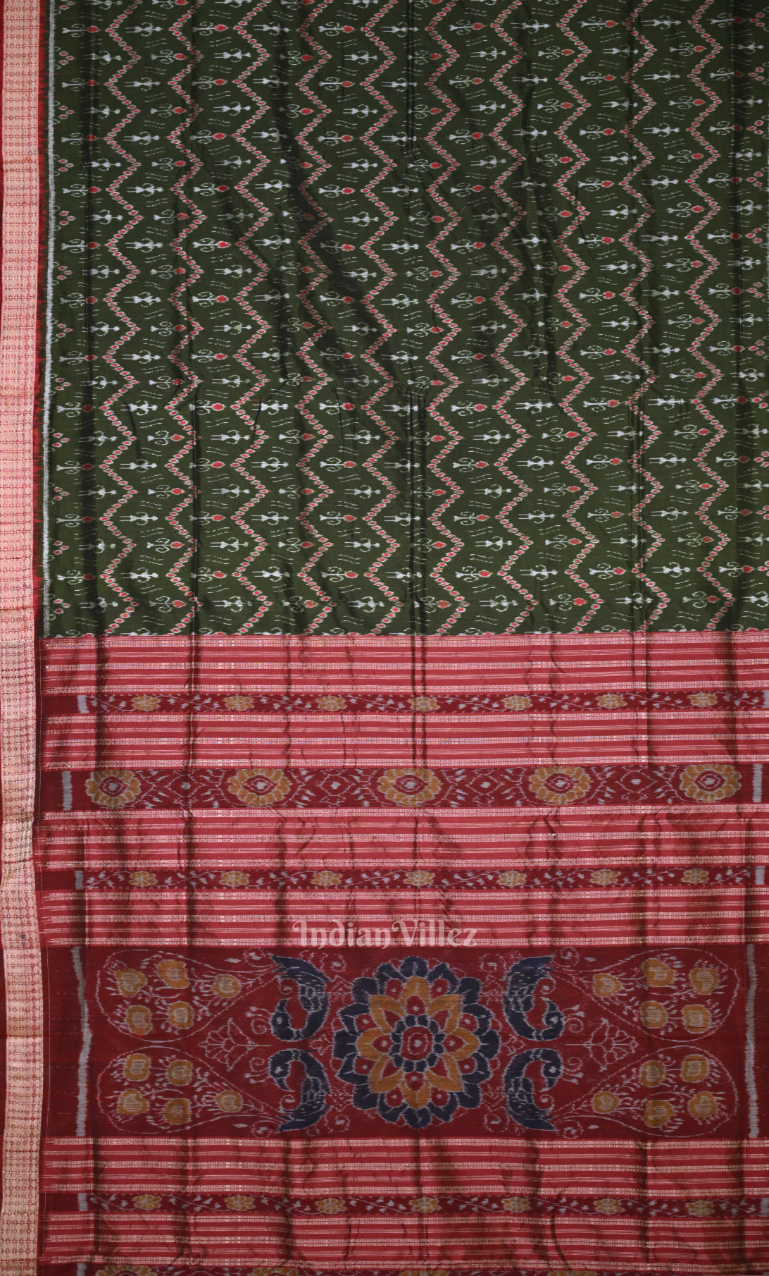 Olive Green Red Tribal Theme Odisha Ikat Sambalpuri Silk Saree 