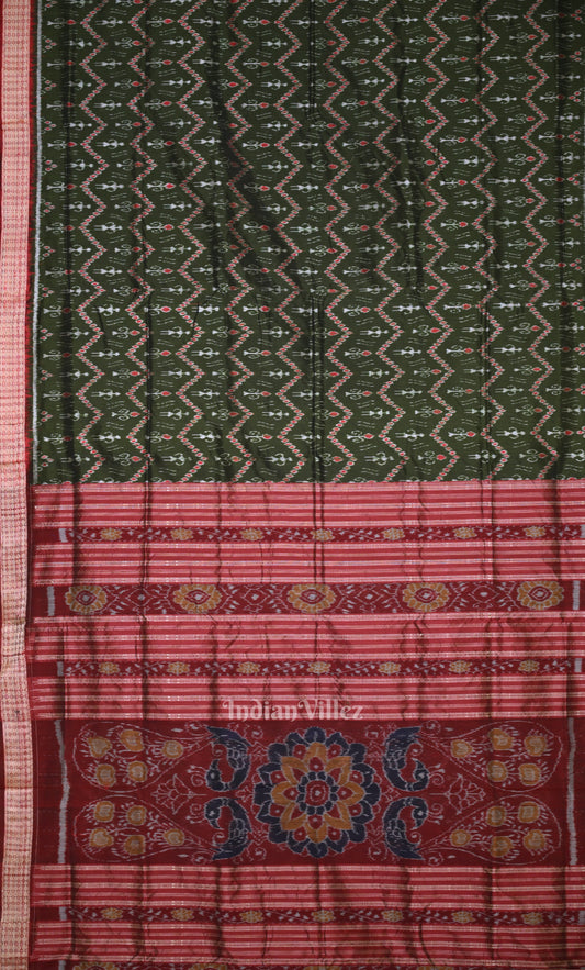 Olive Green Red Tribal Theme Odisha Ikat Sambalpuri Silk Saree 