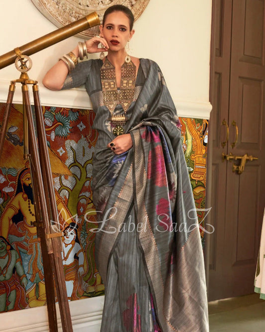Pure Handloom Silk Grey Designer Saree