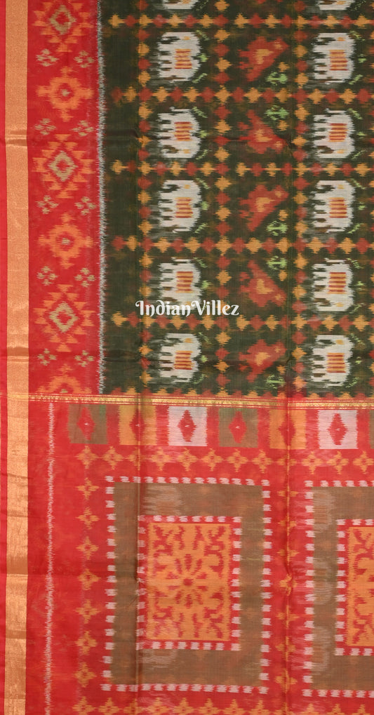 Olive Green Red Pochampally Ikat (Sico) Saree 