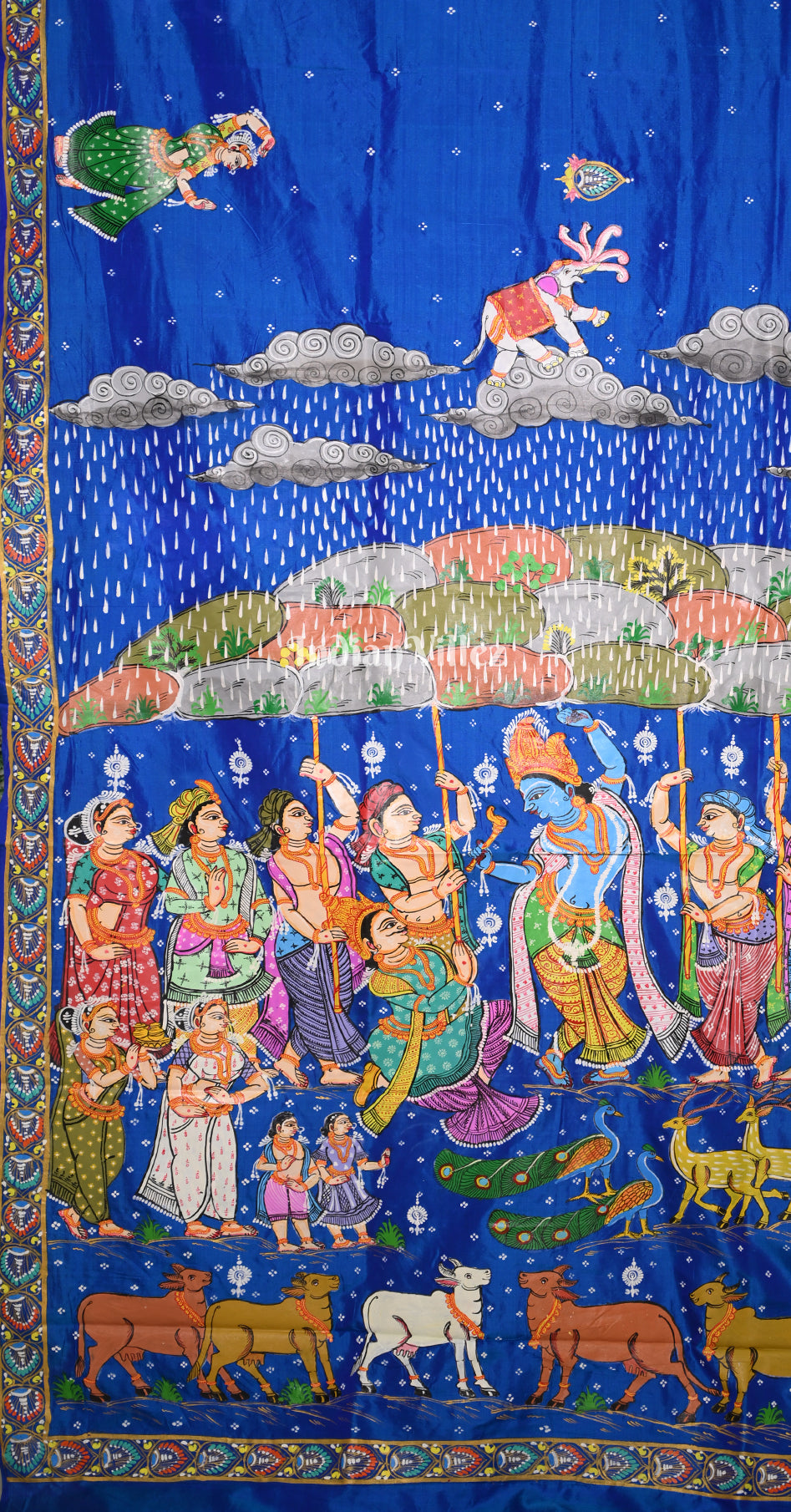 Royal Blue Giri Govardhan Hand-Painted Pattachitra Saree