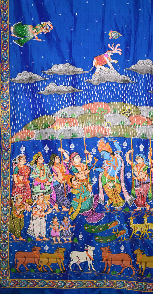 Royal Blue Giri Govardhan Hand-Painted Pattachitra Saree