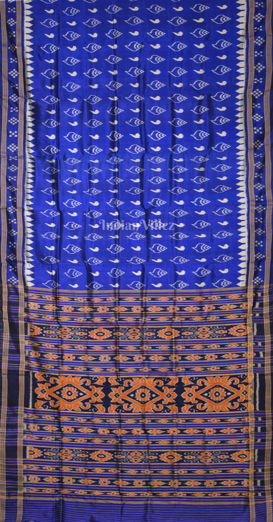 Royal Blue Sankha Motif Odisha Ikat Khandua Silk Saree with Double Pasapali Border