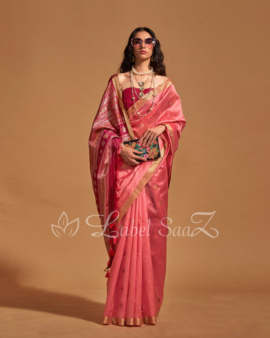 Peach Handwoven Tussar Banarasi Saree With Emboridery on Pallu