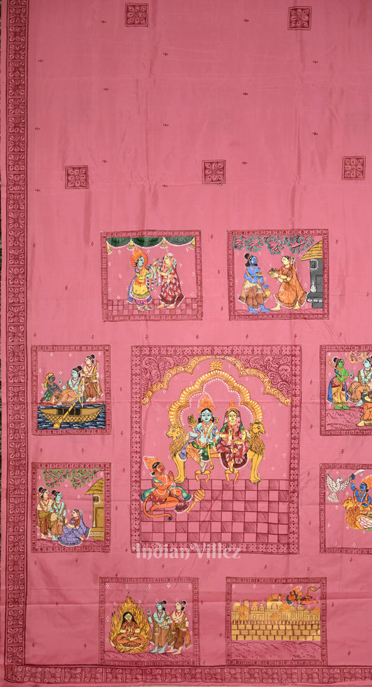 Baby Pink Ramayan Theme Hand-Painted Pattachitra Saree