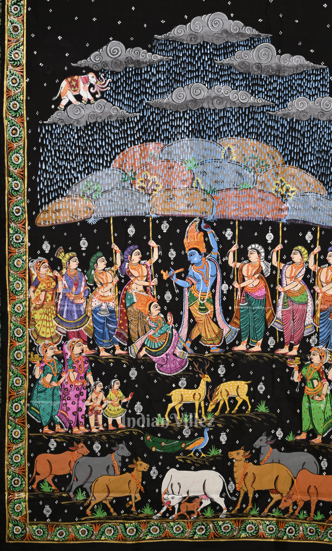 Black Giri Govardhan Hand-Painted Pattachitra Saree
