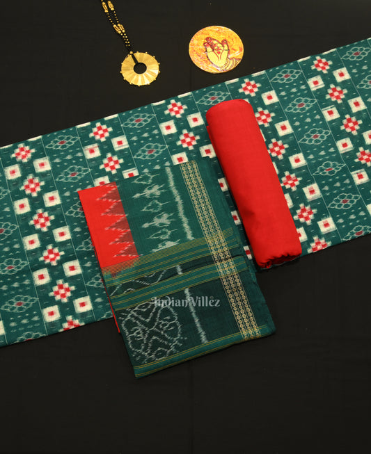Green Red Pasapali  Odisha Ikat Sambalpuri Dress Set & Dupatta