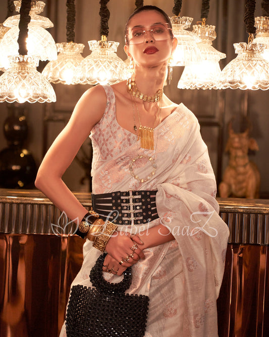 Off White Linen Banarasi With Copper Zari Saree