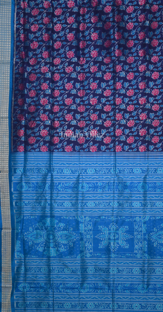 Blue Red Rose Motif Odisha Ikat Sambalpuri Silk Saree