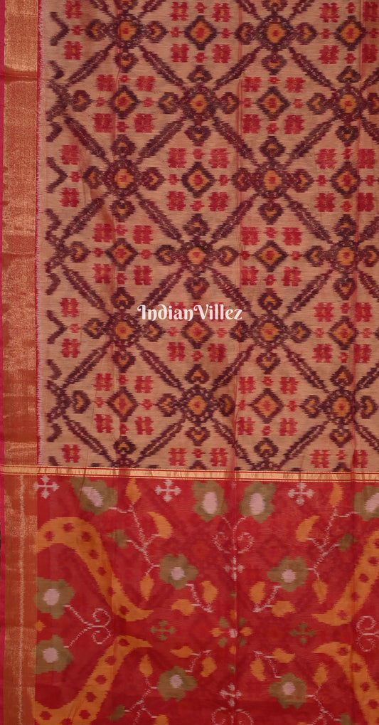 Peach Red Pochampally Ikat Silk Cotton (Sico) Saree 