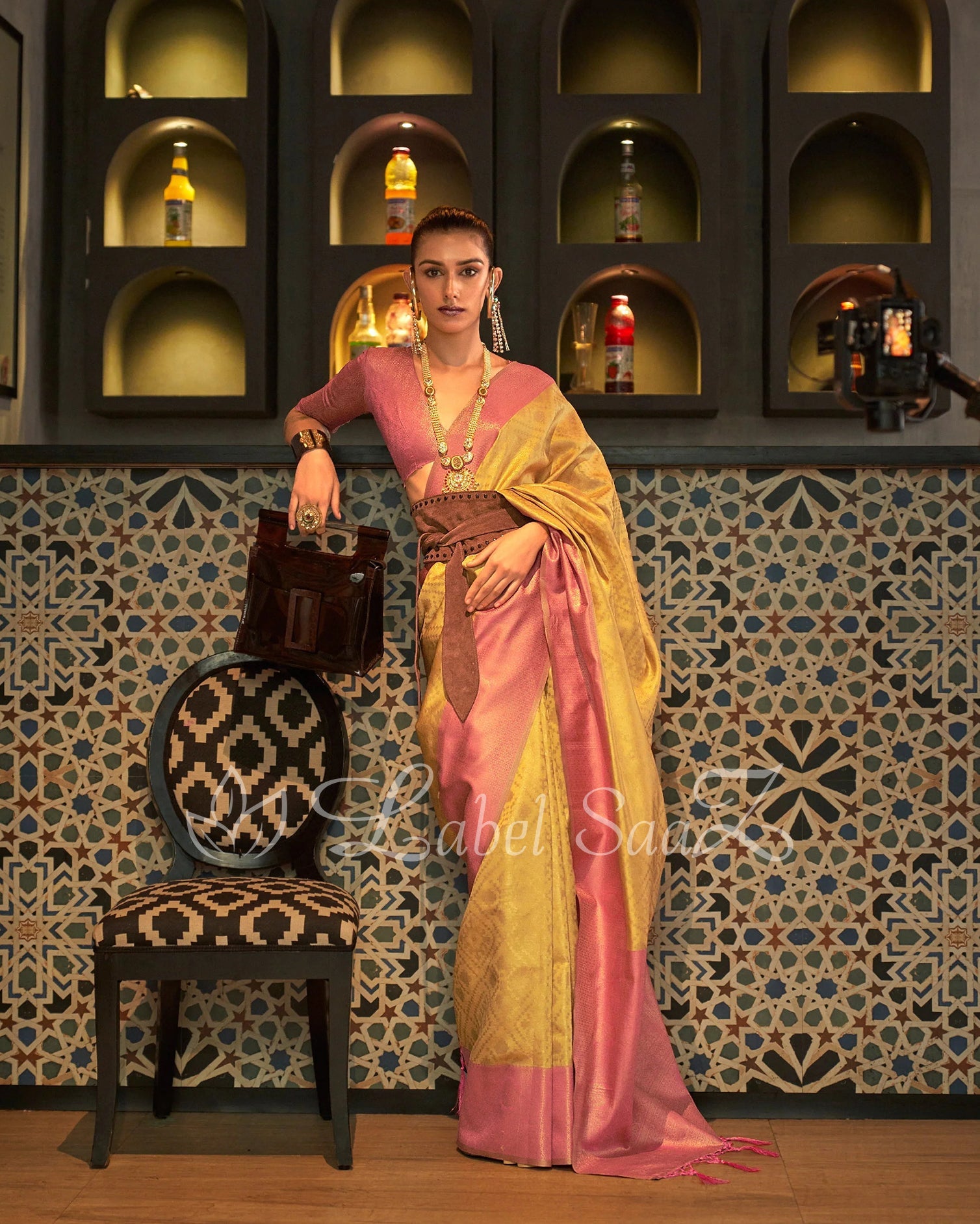 Peach & Yellow Color Pure Zari Base Chaap Hand Woven Kanjivaram Silk Saree