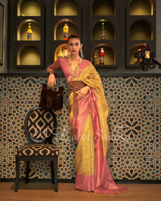Peach & Yellow Color Pure Zari Base Chaap Hand Woven Kanjivaram Silk Saree