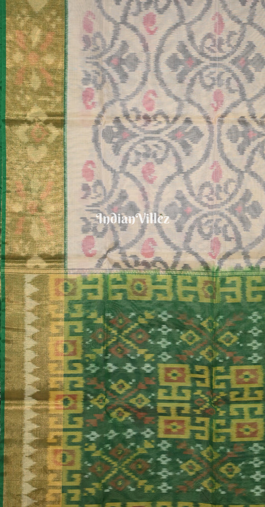 Off White Green Floral Border Pochampally Ikat Silk Cotton (Sico) Saree