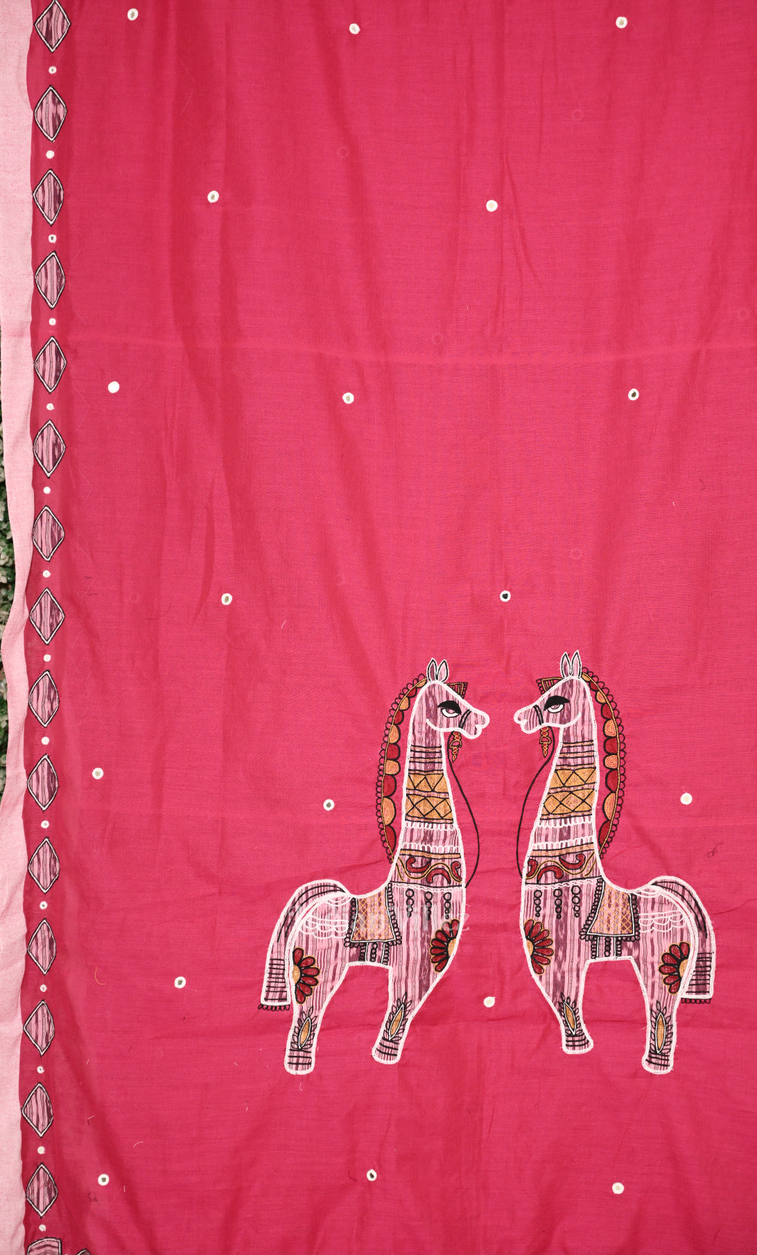 Rani Pink Applique Work Hand Embroidered Cotton Saree