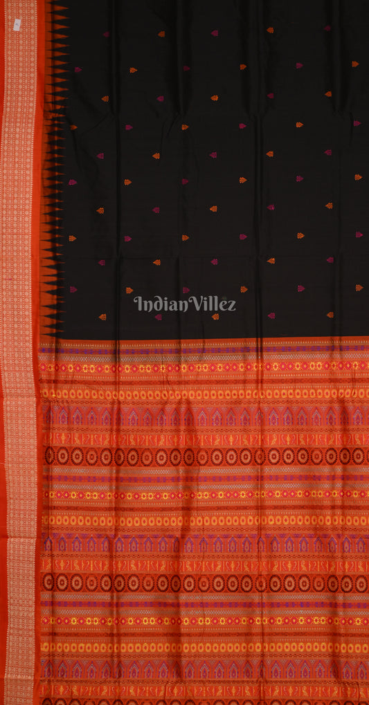 Black Red Bomkai Sambalpuri Silk Saree with Dolabedi Pallu