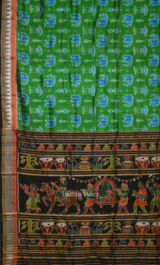 Green Black  Tribal Theme Odisha Ikat Khandua Silk Saree 
