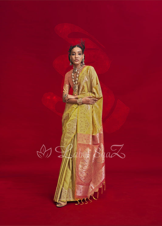 Lemon Yellow Tussar Silk Handloom Weaving Silk Saree