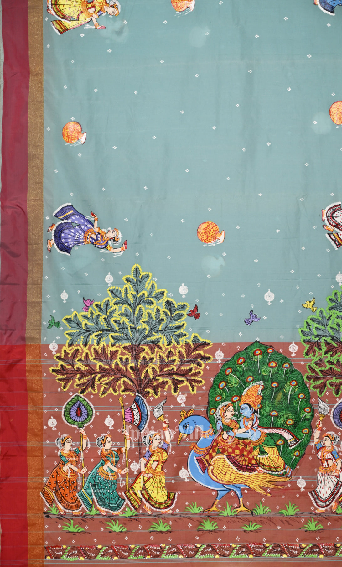  Light Blue Red peacock (Mayur) & Nartaki Theme Pattachitra Saree