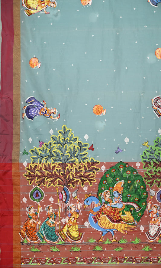  Light Blue Red peacock (Mayur) & Nartaki Theme Pattachitra Saree