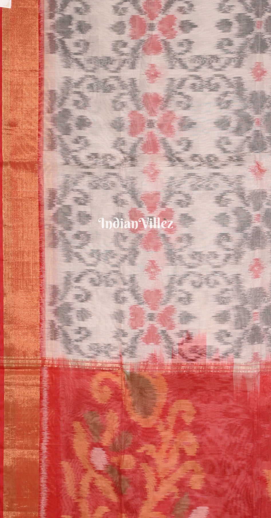 Off White Red Pochampally Ikat Silk Cotton (Sico) Saree with Floral Pallu