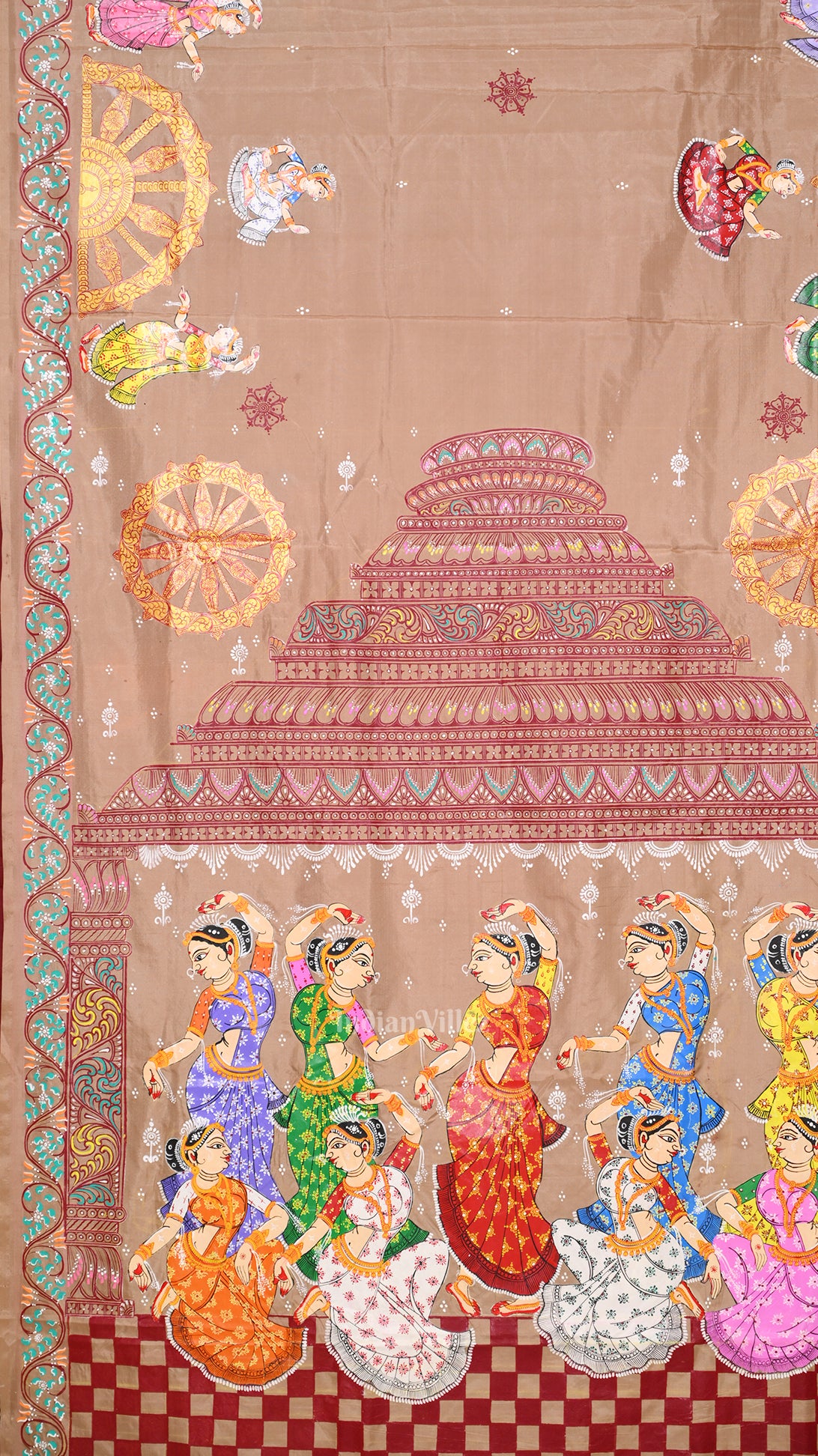 Beige Cream maroon Nataki Konark Temple Hand-Painted Pattachitra Saree