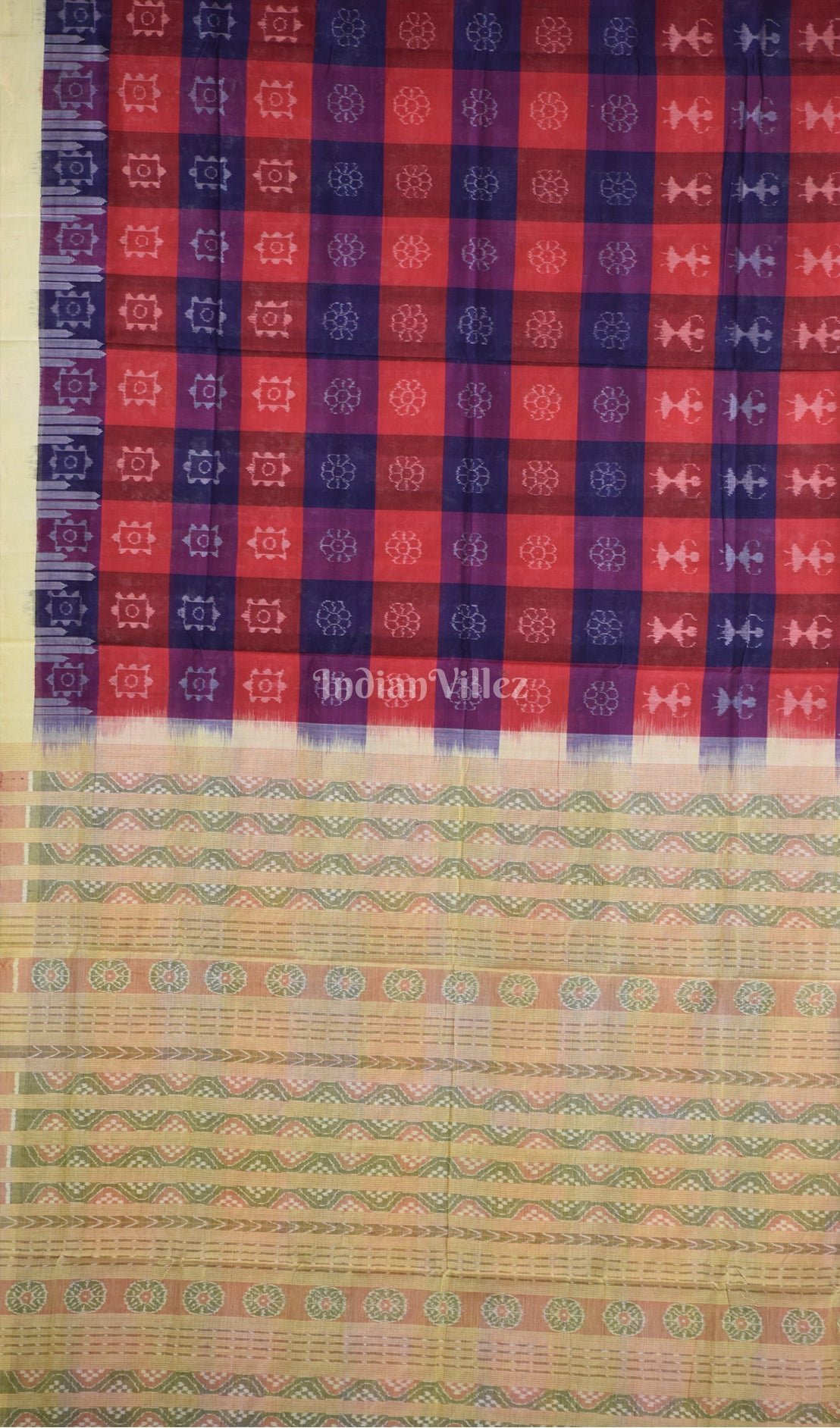 Red Blue Tribal Theme Pure Sambalpuri Cotton Saree