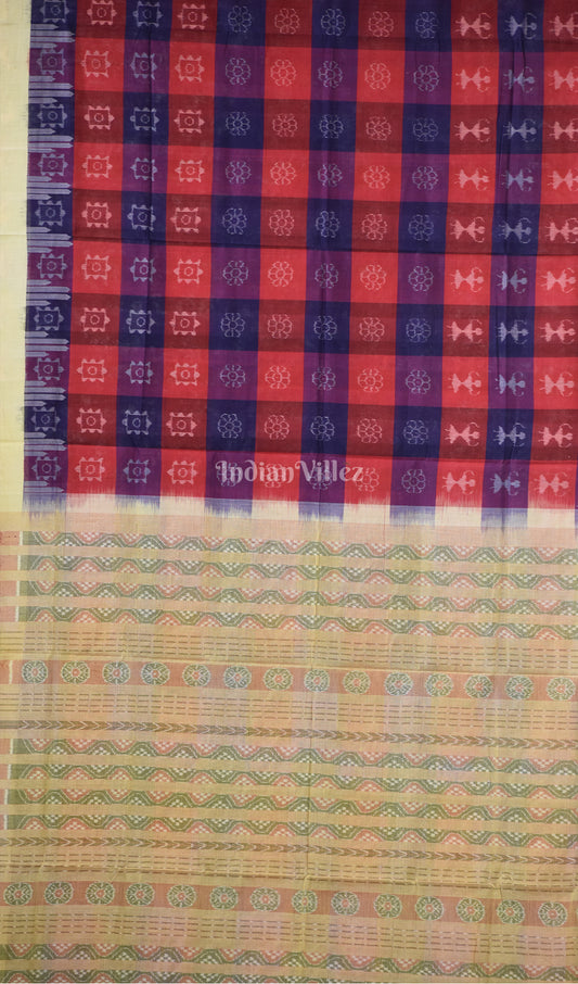 Red Blue Tribal Theme Pure Sambalpuri Cotton Saree