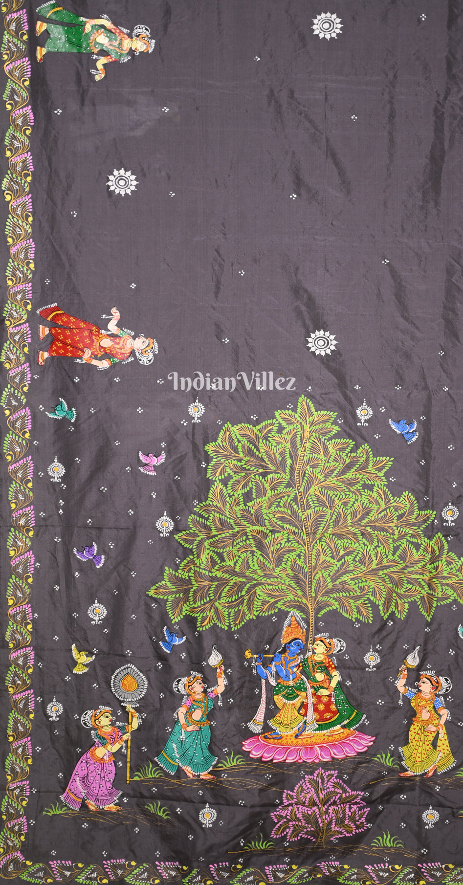 Black Krishna Rasa Leela Hand-Painted Pattachitra Saree