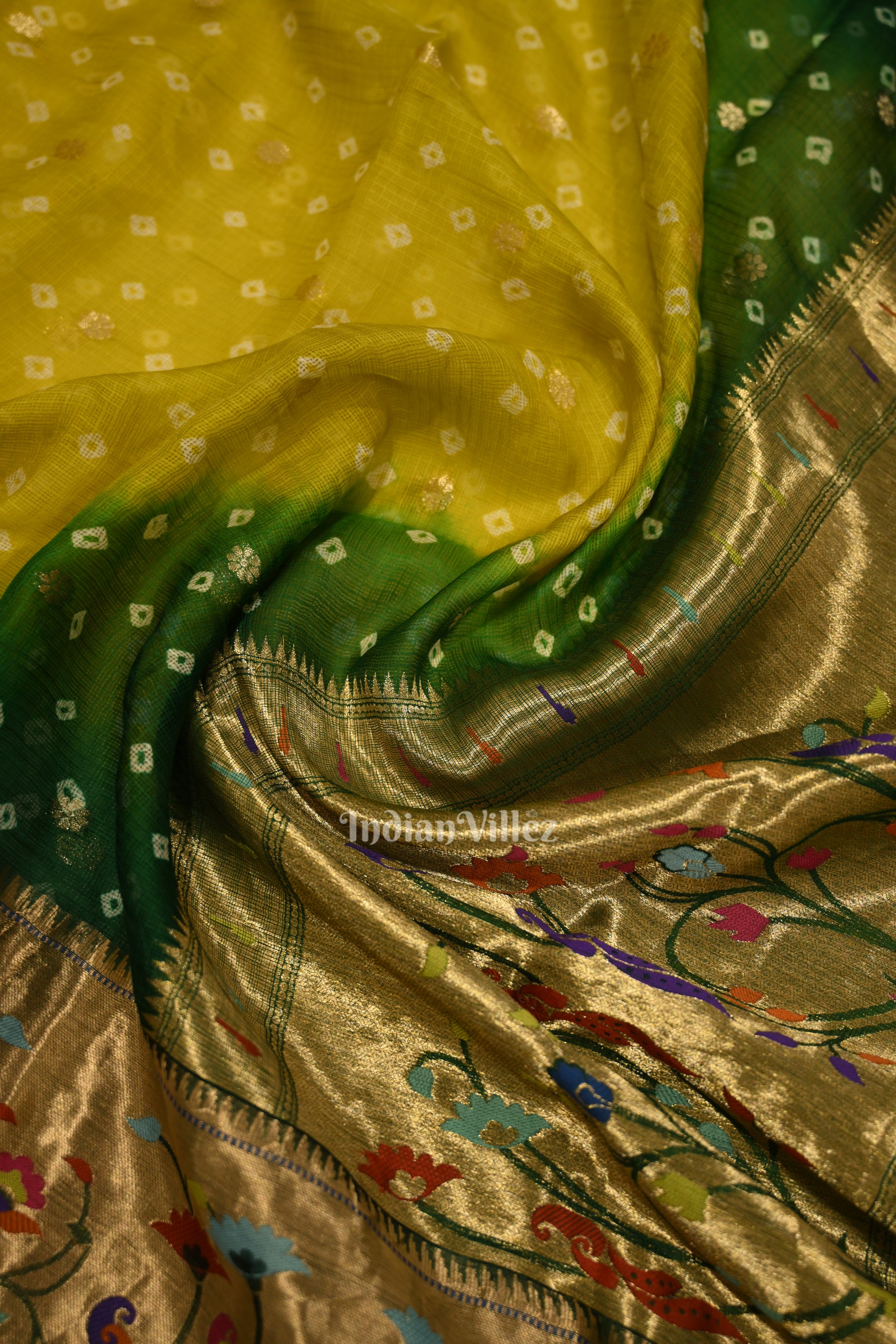 Yellow Green Bandhini  Banarasi  Kota Saree with Paithani Border