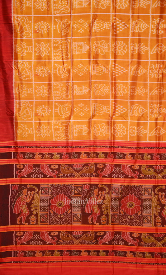 Mustard Yellow Red Nabakothi Odisha Ikat Contemporary Designer Silk Saree 