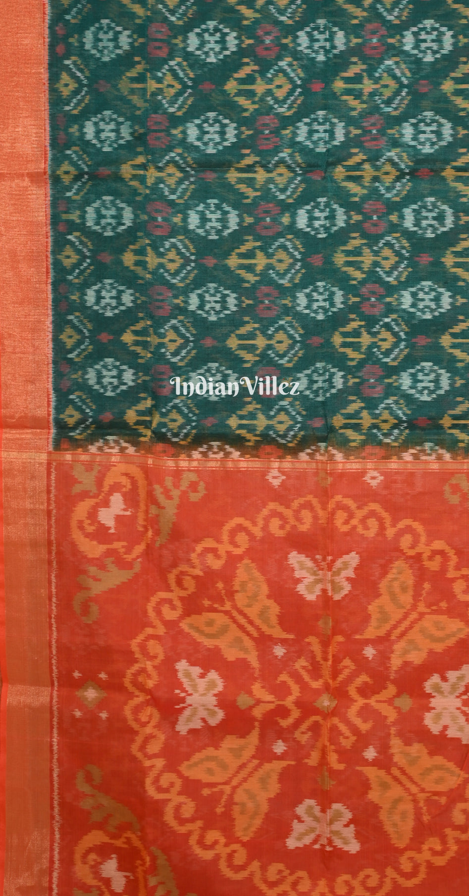Sea Green Red Pochampally Ikat Silk Cotton (Sico) Saree 