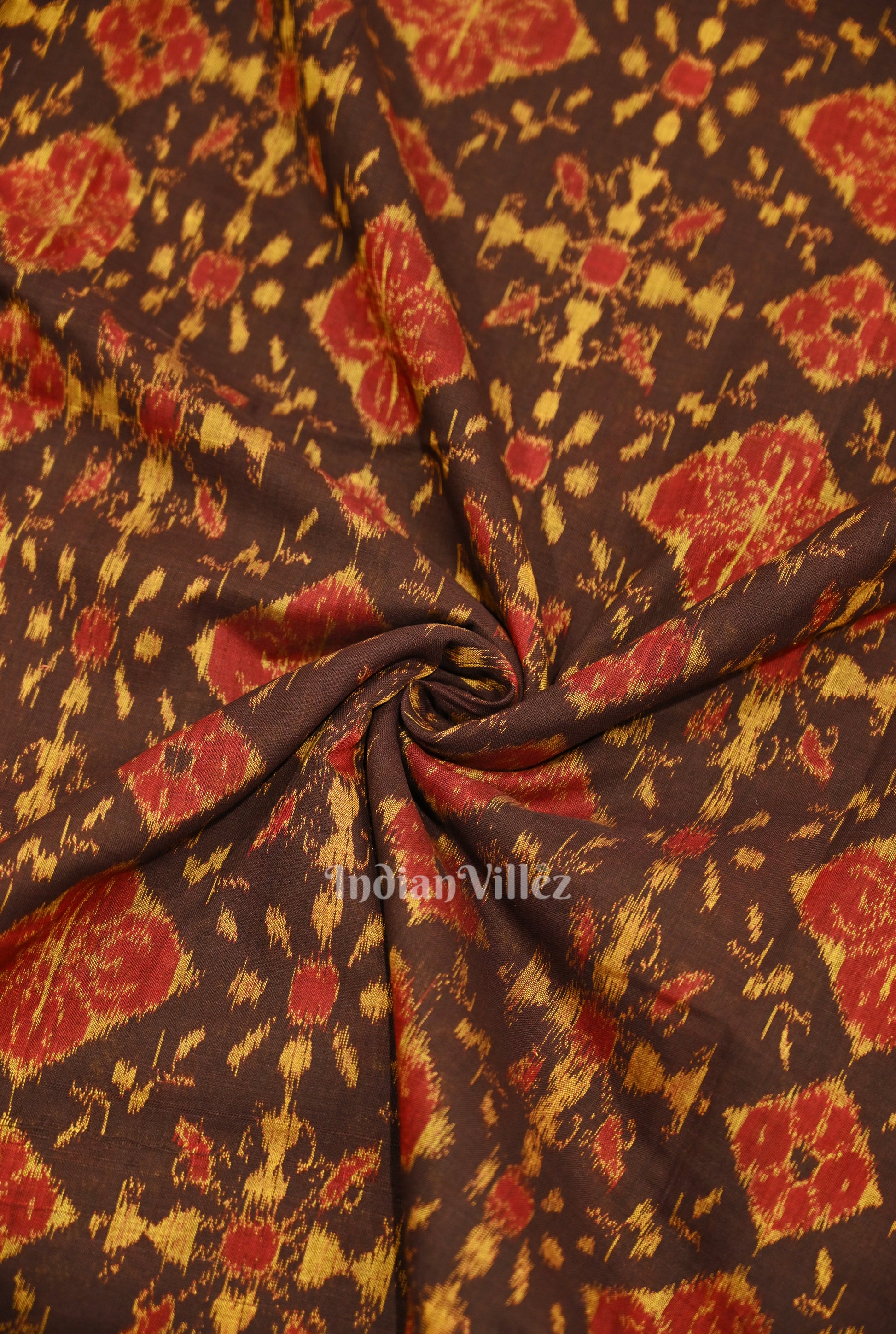 Coffee Tribal Jhoti Theme Sambalpuri Odisha Ikat Cotton Fabric 