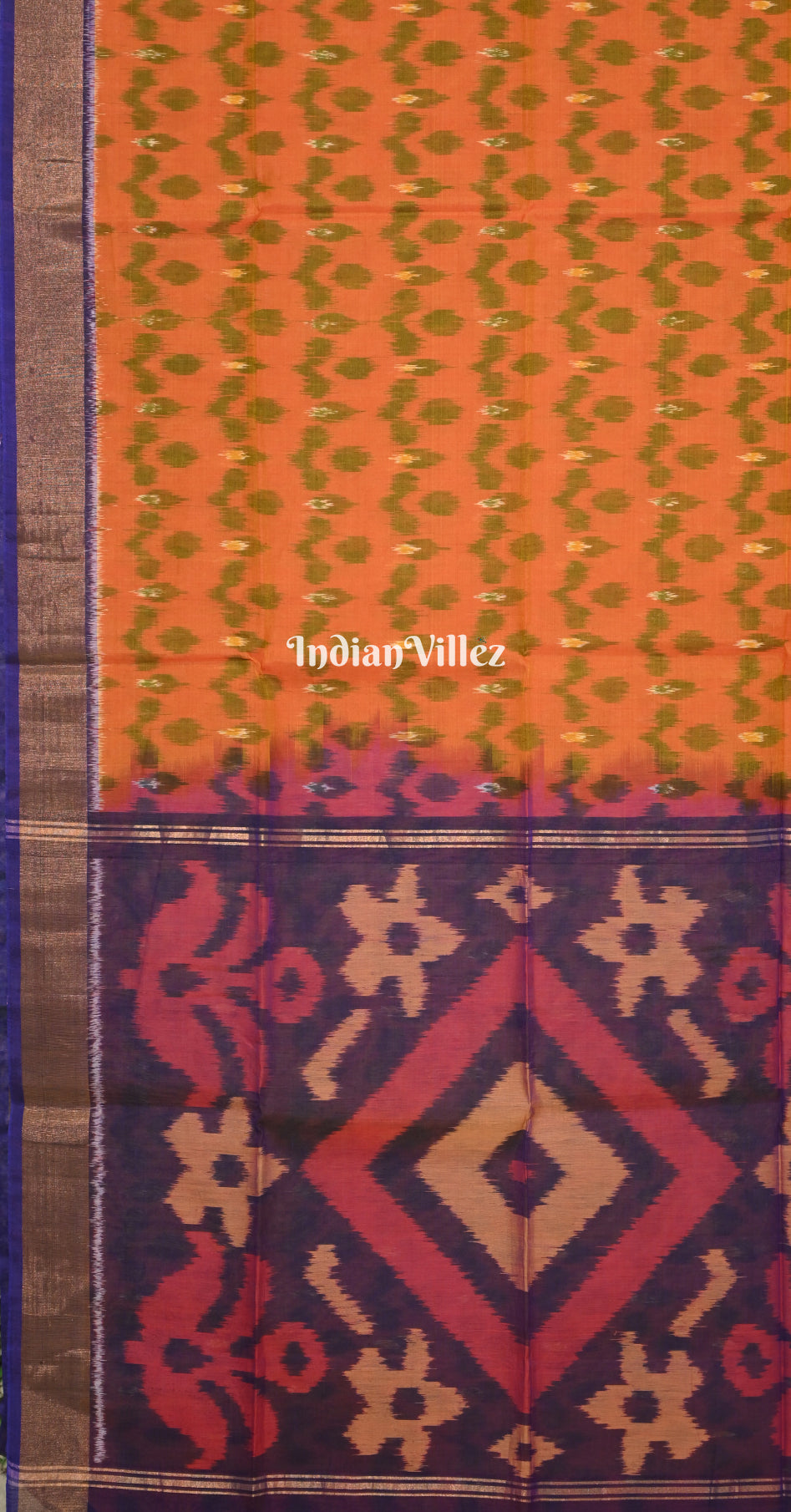 Orange Blue Pochampally Ikat Silk Cotton (Sico) Saree 
