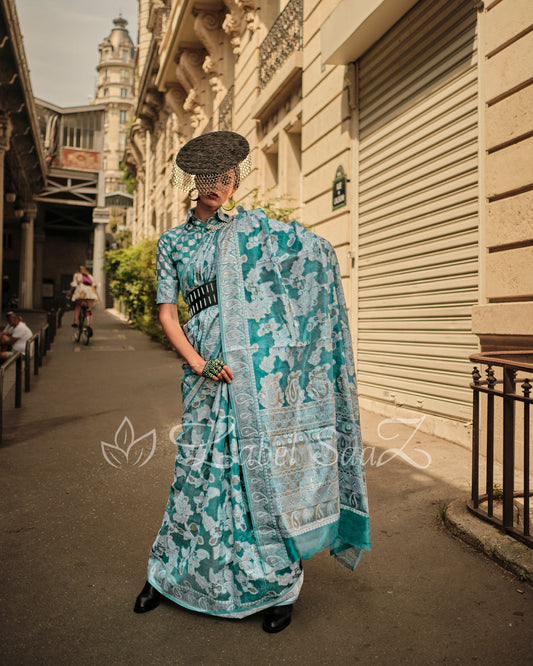 Teal Green Handwoven Pure Organza Silk Chikankaro Saree