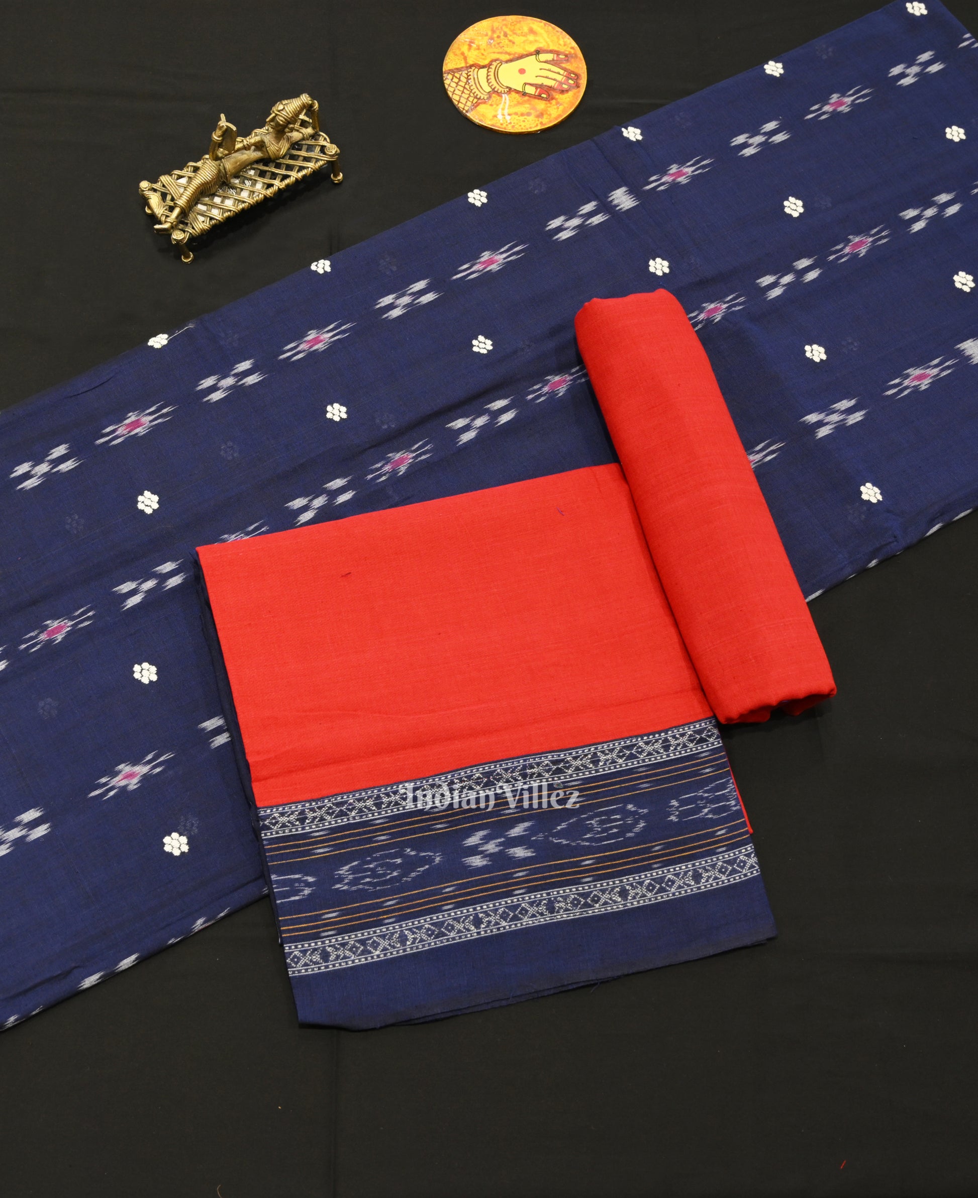 Blue Red Pasapali Bandha Sambalpuri Cotton Dress set Dupatta