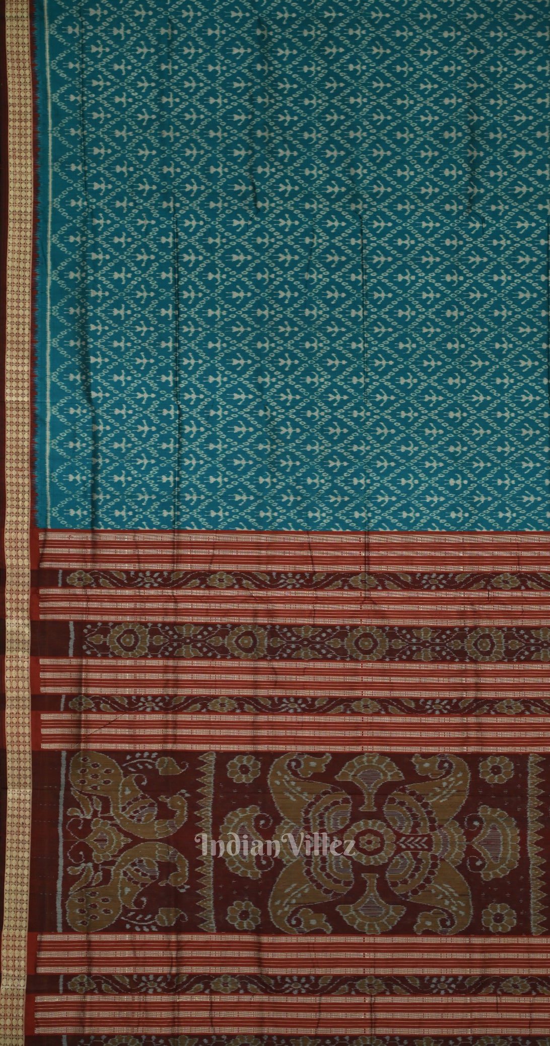 Aqua Blue Maroon Tribal Theme Odisha Ikat Sambalpuri Silk Saree 