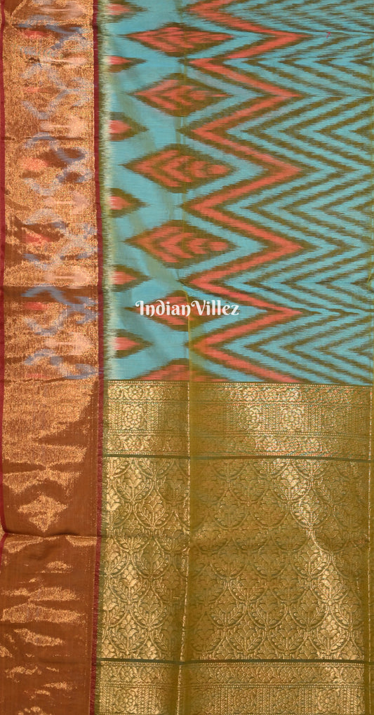 Teal Blue Olive Green Zig Zag Pochampally Ikat Silk Cotton (Sico) Saree
