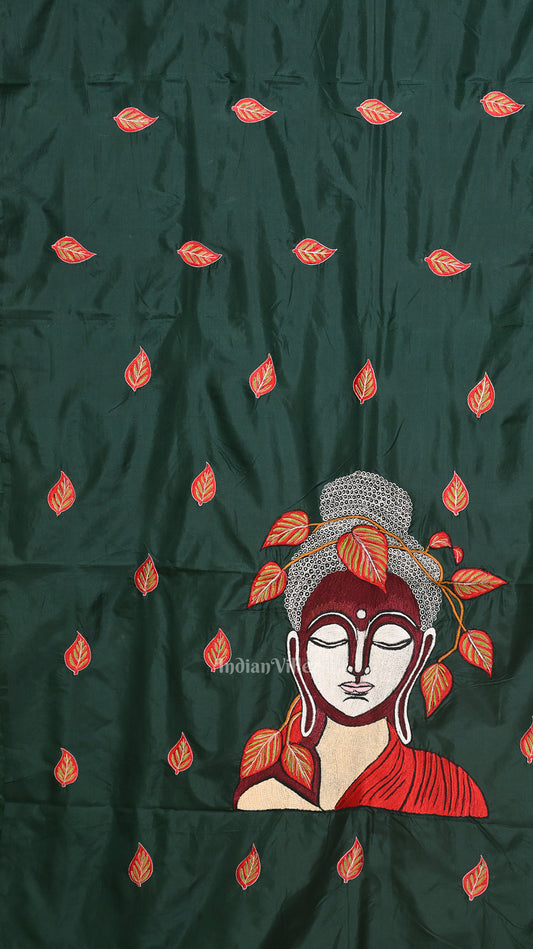 Dark Green Leaf Motif Pure Silk  Embroidery Saree