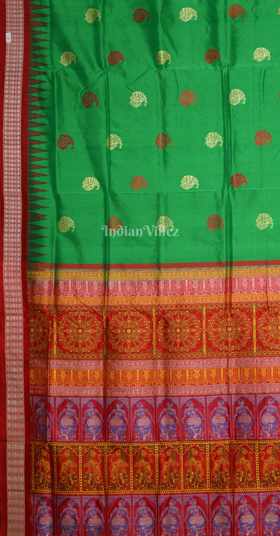 Green Red Paisley Design Bomkai Sambalpuri Silk Saree with Konark Chakra Pallu