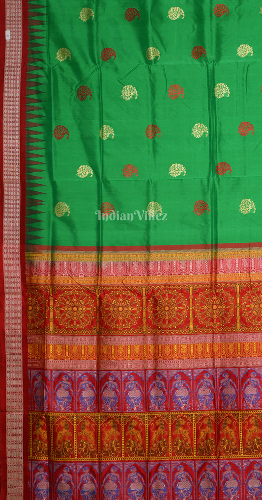 Green Red Paisley Design Bomkai Sambalpuri Silk Saree with Konark Chakra Pallu