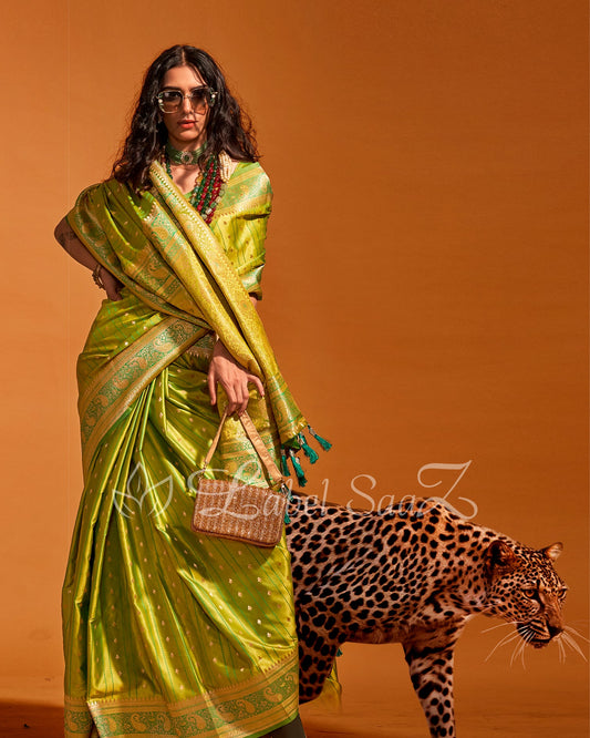 Green Handwoven Zari Satin Silk Banarasi Saree
