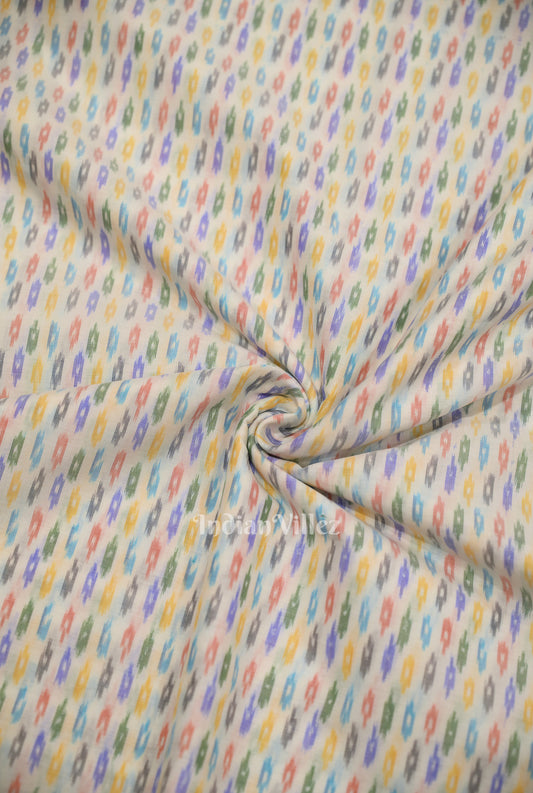 White with Multi Color Pochampally Ikat Silk & Cotton (Sico) Fabric 