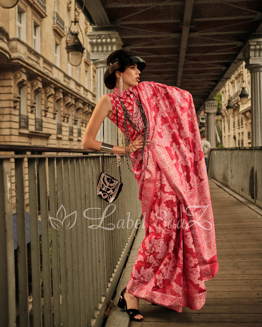 Rose Pink Handwoven Pure Organza Silk Chikankaro Saree