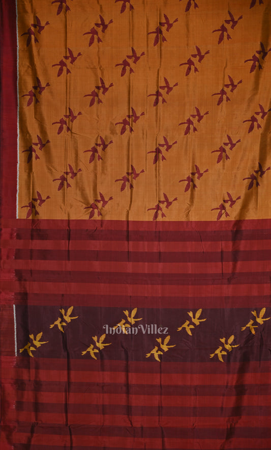  Mustard Yellow  Maroon Bird Odisha Ikat Contemporary Designer Silk Saree 