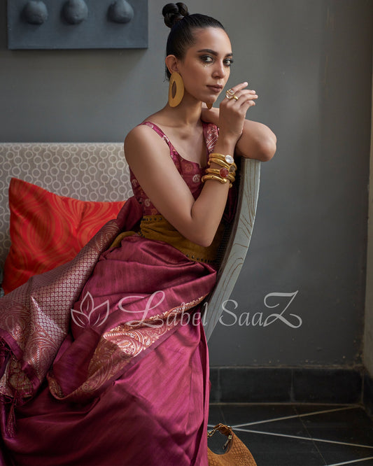 Cherry Red Handwoven Tussar Banarasi Saree with Copper Zari